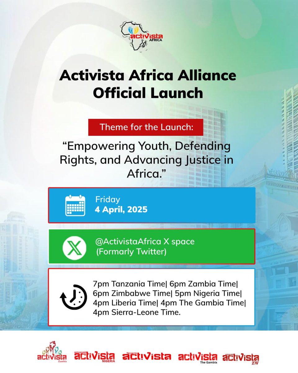 _Activista255 (@_activista255) on Twitter photo Karibu katika Uzinduzi wa Ushirikiano wa Mtandao wa "Activista Africa Alliance" 🌍
📅 Tarehe: 4 Aprili 2025
📍Mahali: X space ( <a href="/ActivistaAfrica/">ActivistaAfrica</a> )
⏰ Muda: 🇹🇿 7PM Tanzania | 🇿🇲 6PM Zambia | 🇿🇼 6PM Zimbabwe | 🇳🇬 5PM Nigeria | 🇱🇷 4PM Liberia | 🇬🇲 4PM Gambia | 🇸🇱 4PM Sierra Leone Karibu katika Uzinduzi wa Ushirikiano wa Mtandao wa "Activista Africa Alliance" 🌍
📅 Tarehe: 4 Aprili 2025
📍Mahali: X space ( <a href="/ActivistaAfrica/">ActivistaAfrica</a> )
⏰ Muda: 🇹🇿 7PM Tanzania | 🇿🇲 6PM Zambia | 🇿🇼 6PM Zimbabwe | 🇳🇬 5PM Nigeria | 🇱🇷 4PM Liberia | 🇬🇲 4PM Gambia | 🇸🇱 4PM Sierra Leone
