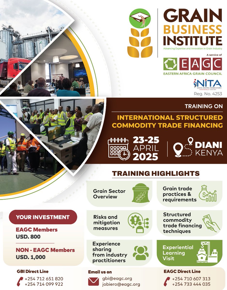 @EAGrainCouncil (@eagraincouncil) on Twitter photo Access to structured commodity trade financing remains a major challenge for many players in the grain sector, limiting growth, efficiency, and market participation. <a href="/GBI_EAGC/">EAGC - Grain Business Institute (EAGC-GBI)</a> a specialized training & capacity-building division for EAGC, will host stakeholders for comprehensive Access to structured commodity trade financing remains a major challenge for many players in the grain sector, limiting growth, efficiency, and market participation. <a href="/GBI_EAGC/">EAGC - Grain Business Institute (EAGC-GBI)</a> a specialized training & capacity-building division for EAGC, will host stakeholders for comprehensive