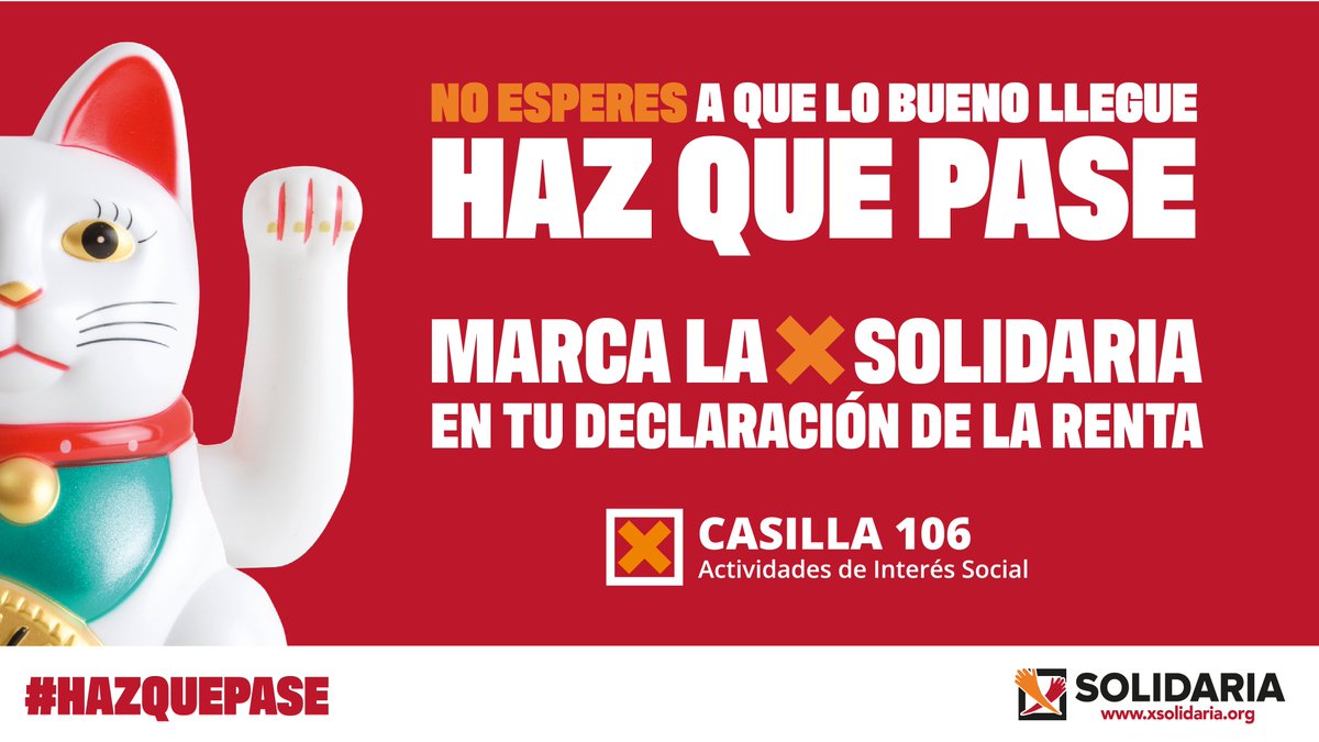 Tenir un moix de la sort està bé🐱🍀. Però ser tu que faci que passin coses bones, és molt millor! Marca la #casilla106 a la teva declaració de la #Renta2024 i #HazQuePase al costat de la #XSolidària 👏