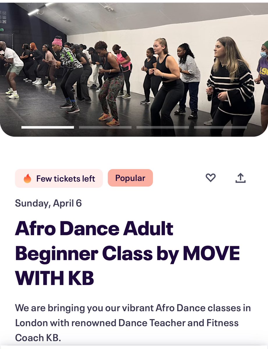 AFRO DANCE ADULT BEGINNER CLASS  

Sunday 6th Apirl 2025 6:15PM to 7:45PM SHARPP!

Few tickets left !! 
Tickets :  eventbrite.co.uk/e/afro-dance-a…