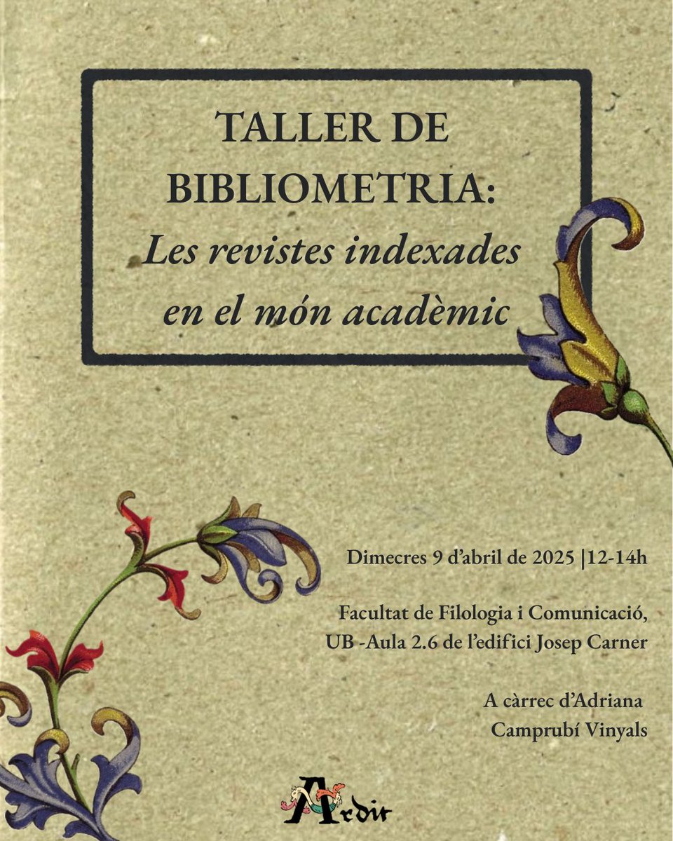🎙️Sessió informativa🎙️

Taller de bibliometria: Les revistes indexades en el món acadèmic. A càrrec d’Adriana Camprubí Vinyals.

Dia: Dimecres, 9 d’abril de 2025
Hora: 12-14h
Lloc: Facultat de Filologia i Comunicació, UB-Aula 2.6 de l’edifici Josep Carner