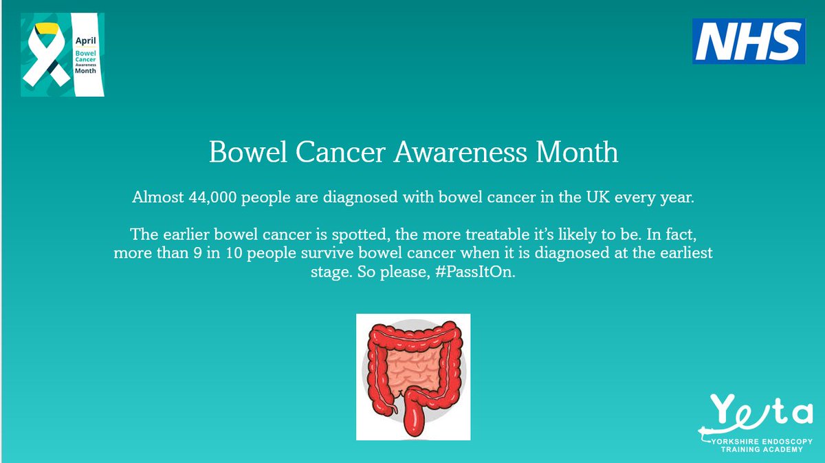 Today is the start of #BowelCancerAwareness Month.   

For more information please visit <a href="/bowelcanceruk/">Bowel Cancer UK</a> 

#YETA #BowelCancerAwarenessMonth #PassItOn #Getonaroll #Nevertooyoung #Endoscopy