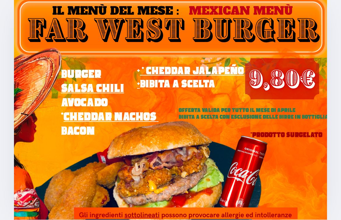 GoGoBurger's tweet image. Il nuovo menù del mese di Aprile è il MEXICAN MENU':
Far West Burger (Burger, avocado, bacon, cheddar nachos e salsa chili) + Cheddar Jalapeno + Bibita a scelta ad euro 9.80.