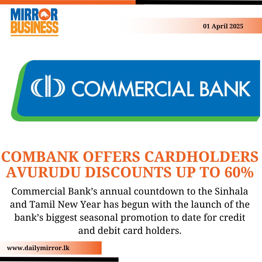 Dailymirror_SL's tweet photo. ComBank offers cardholders Avurudu discounts up to 60%

https://t.co/I2hlBJW2Cn https://t.co/kighKzi2CQ