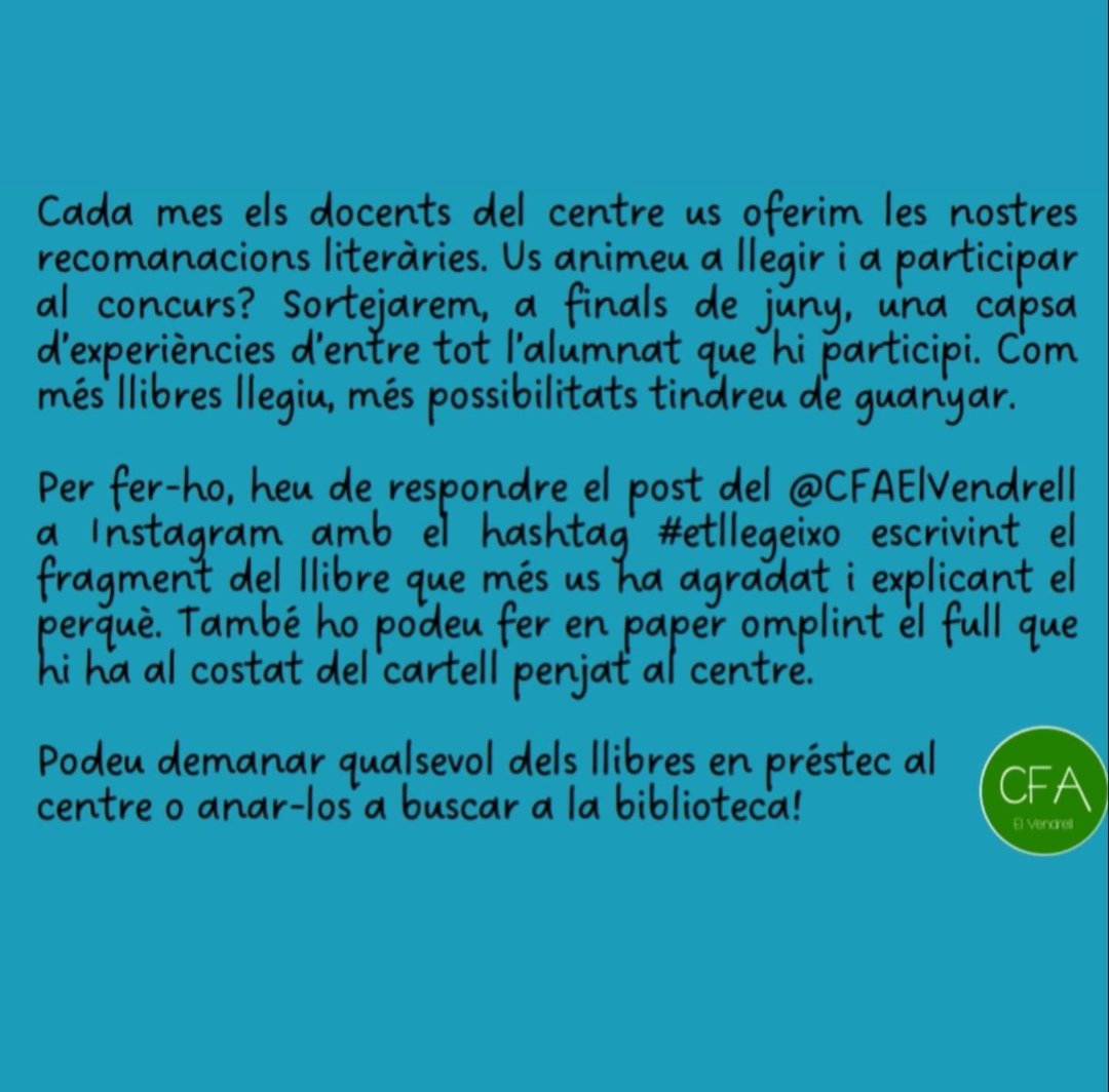 Afanyeu-vos a participar! Llegiu!

@peevendrell
<a href="/educatiu/">Pla Educatiu d'Entorn del Vendrell</a> <a href="/ConsellCBP/">CC Baix Penedès</a> <a href="/XVendrellenca/">Federació Xarxa Vendrellenca 🏡🌈♻🟢🌏🏕</a> 
@educacio_el_vendrell  <a href="/sebaixpenedes/">SE Baix Penedès</a> <a href="/educaciocat/">Educació</a> <a href="/elvendrell_cat/">Ajuntament del Vendrell</a> 
#fadults #educaciodadults 
@culturaelvendrell