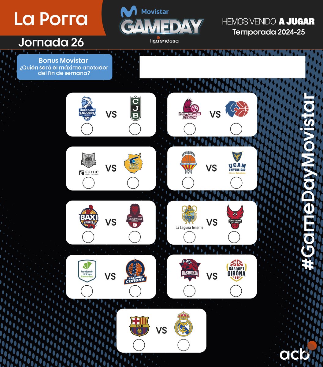 ¡Completa LA PORRA de la JORNADA 2⃣6⃣ #LigaEndesa y llévate una PlayStation 5 gracias a <a href="/movistar_es/">Movistar España</a>! 🎮  

➡️ Elige al ganador de cada partido y al máximo anotador de la jornada.  

➡️ Rellena esta imagen con tu PORRA y compártela en X (Twitter) o IG Stories mencionando a