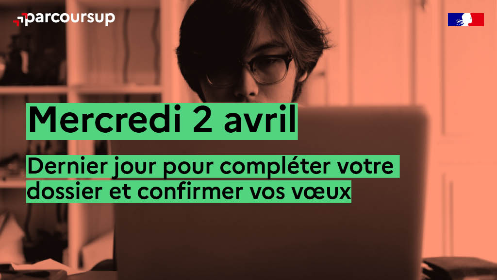Mercredi 2 avril 23h59 heure de Paris, dernier jour pour compléter votre dossier et confirmer vos vœux

Activités et centre d'intérêt, lettres de motivation, scolarité etc. : les éléments à renseigner sont indiqués dans l'onglet "Vœux" de votre dossier

👉 parcoursup.gouv.fr/candidater-sur…