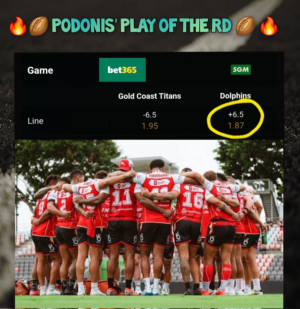 SidelineSharp's tweet image. 🏉 PLAY OF THE WK - RD 5 🏉
🤑 Record: 2-0

Titans understrength. Looked good but will come down to Earth.
Fins lose Gilbert but Plath at lock offsets. Lemuelu a BIG return &amp;amp; can help unlock their sideways attack. 
Desperate team. Line is too wide, #Dolphins can win. 
#NRL #tips