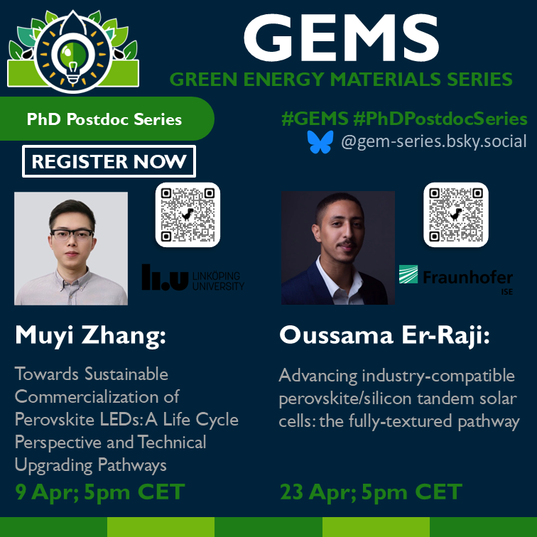Simon Kahmann (@skahmn) on Twitter photo April is here 🪺 and <a href="/GEM__series/">Green Energy Materials Series</a> awaits us with two more exciting talks! If you are interested in the life of a perovskite LED or how we advance perovskite/silicon tandem solar cells towards industry compatibility, join us when we host Muyi and Oussama later this month. April is here 🪺 and <a href="/GEM__series/">Green Energy Materials Series</a> awaits us with two more exciting talks! If you are interested in the life of a perovskite LED or how we advance perovskite/silicon tandem solar cells towards industry compatibility, join us when we host Muyi and Oussama later this month.
