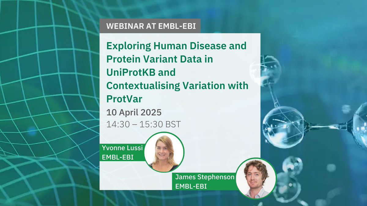 Join us for our next webinar from <a href="/uniprot/">UniProt</a> and explore how to use #UniProtKB to explore disease-related and variant protein data, as well as how to add context to human missense variation using ProtVar. Registration is free but essential ebi.ac.uk/training/event… #proteinscience