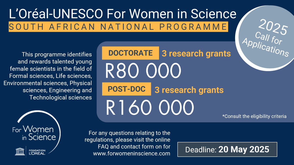 "The world needs Science, and Science needs Women" | <a href="/FondationLOreal/">Fondation L'Oréal</a>-<a href="/UNESCO/">UNESCO 🏛️ #Education #Sciences #Culture 🇺🇳</a> #ForWomenInScience program has supported &amp; empowered women scientists across the world. The 2025 call for the South Africa National Young Talents Programme is open! More info: forwomeninscience.com/challenge/show…