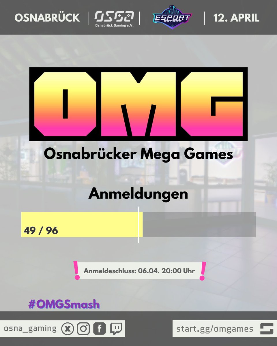 🥊 #OMGSmash April 2025

Anmeldezahlen: 49 von 96 🚨

Für das #SSBU Turnier der <a href="/esportarcade/">eSports Arcade</a> sind noch einige Plätze frei! Meldet euch schnell an und seid am 12. April beim Osnabrücker Mega Smash dabei ❗

📝 Sign-Up: start.gg/omgames