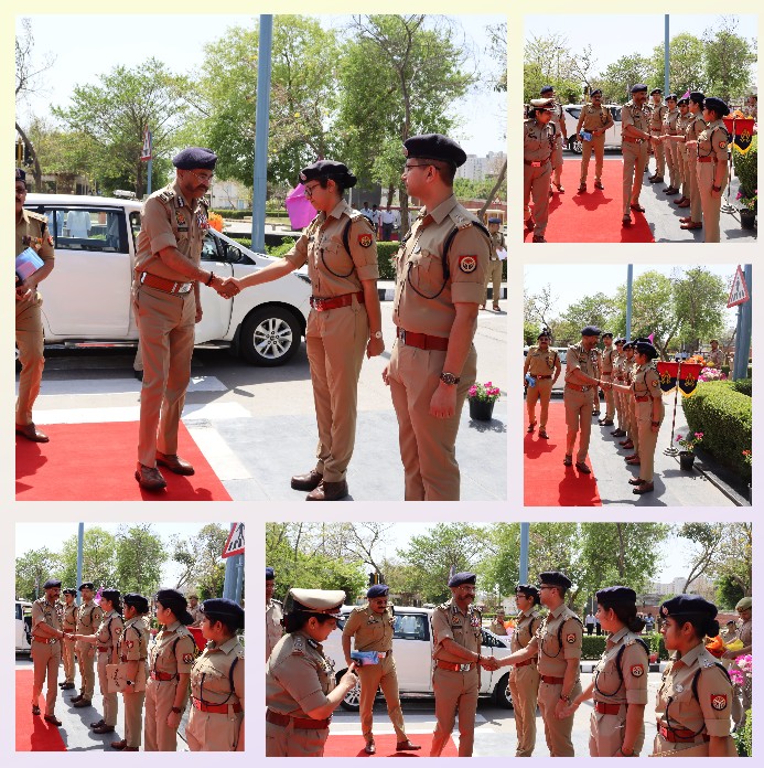 कमिश्नरेट गौतमबुद्धनगर में पिंक बूथों, पुलिस चौकियों, वीडियो वॉल और बहुउद्देशीय भवनों के लोकार्पण के अवसर पर मुख्य अतिथि माननीय पुलिस महानिदेशक <a href="/dgpup/">DGP UP</a>, उत्तर प्रदेश को पुलिस आयुक्त कार्यालय सेक्टर-108, नोएडा में सलामी दी गई व <a href="/CP_Noida/">CP Noida</a> द्वारा पुष्पगुच्छ देकर स्वागत किया गया।