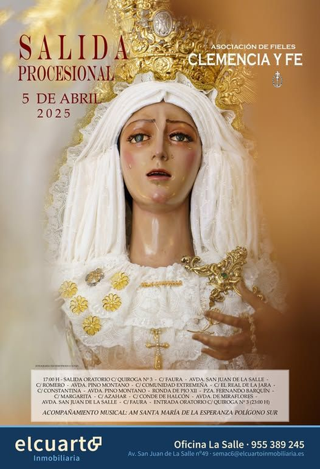 Horario e Itinerario Salida Procesional de Clemencia y Fe.  Sevilla 05 de Abril del 2025