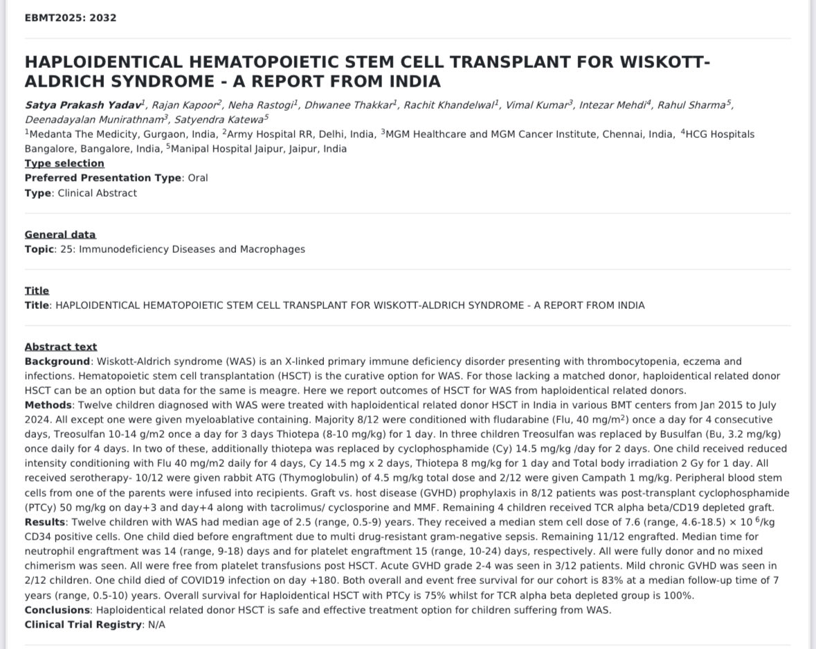 HAPLOIDENTICAL HEMATOPOIETIC STEM CELL TRANSPLANT FOR WISKOTT-ALDRICH SYNDROME - A REPORT FROM INDIA

⁦<a href="/dr_khandelwal99/">Dr.Rachit Khandelwal, MD</a>⁩ ⁦<a href="/DrNehaRastogi1/">Dr Neha Rastogi</a> ⁦<a href="/medanta/">Medanta</a>⁩ ⁦<a href="/dhwaneethakkar/">dr dhwanee thakkar</a>⁩ 

#EBMT25