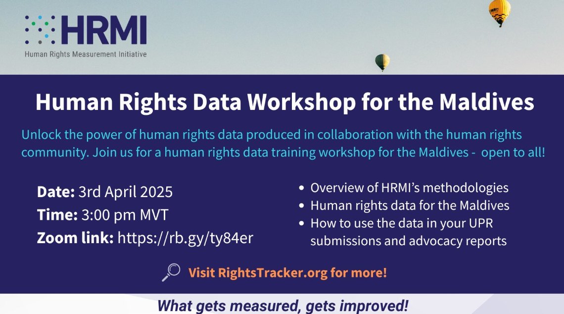 🇲🇻HUMAN RIGHTS IN THE MALDIVES | Join us this week for a FREE webinar on HRMI's data measuring how well the government respects a range of rights.

Learn how to use data in advocacy and reporting!

Date: 3 April 2025
Time: 3pm MVT
Zoom registration: rb.gy/ty84er
