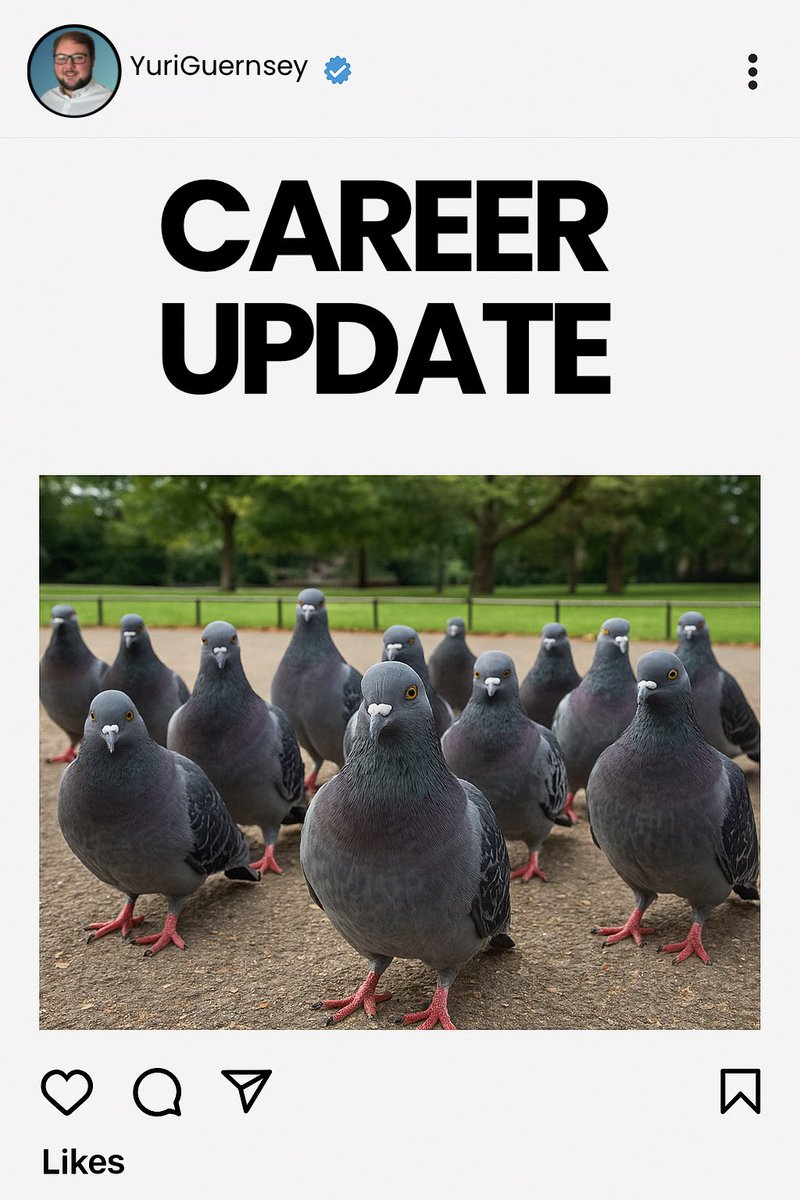 Big career news:
I’m officially leaving tech to follow my true passion…
Pigeon whispering.

No more code. Just coos.
Offering 1:1 pigeon mentoring, group coo-therapy &amp; GPS for lost birds (built in Flutter, of course).

Feathers over frameworks.
#AprilFools #CareerPivot