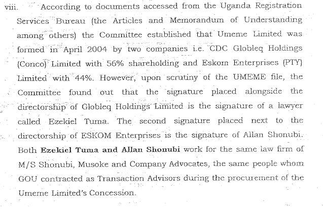 Shonubi, Musoke &amp; Co. were never advisors to GoU on the Umeme concession. GoU had its own transaction advisors. Dr. Shonubi and Mr. Tuma signed under Powers of Attorney  from our clients CDC and Eskom. Evidence of this was shared with the parliamentary committee in that probe.