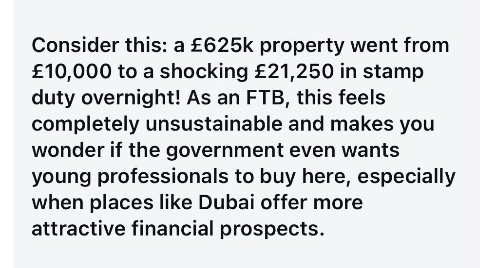 moving_charlie's tweet photo. The government didn’t think this through. 

This is not an unusual situation for London first time buyers. Think a working couple both earning £80k with a mortgage of 3.5x joint earnings. 

They need an £80k deposit. 

As of today they must now also find £21k stamp duty. https://t.co/7aqWbNxIjE