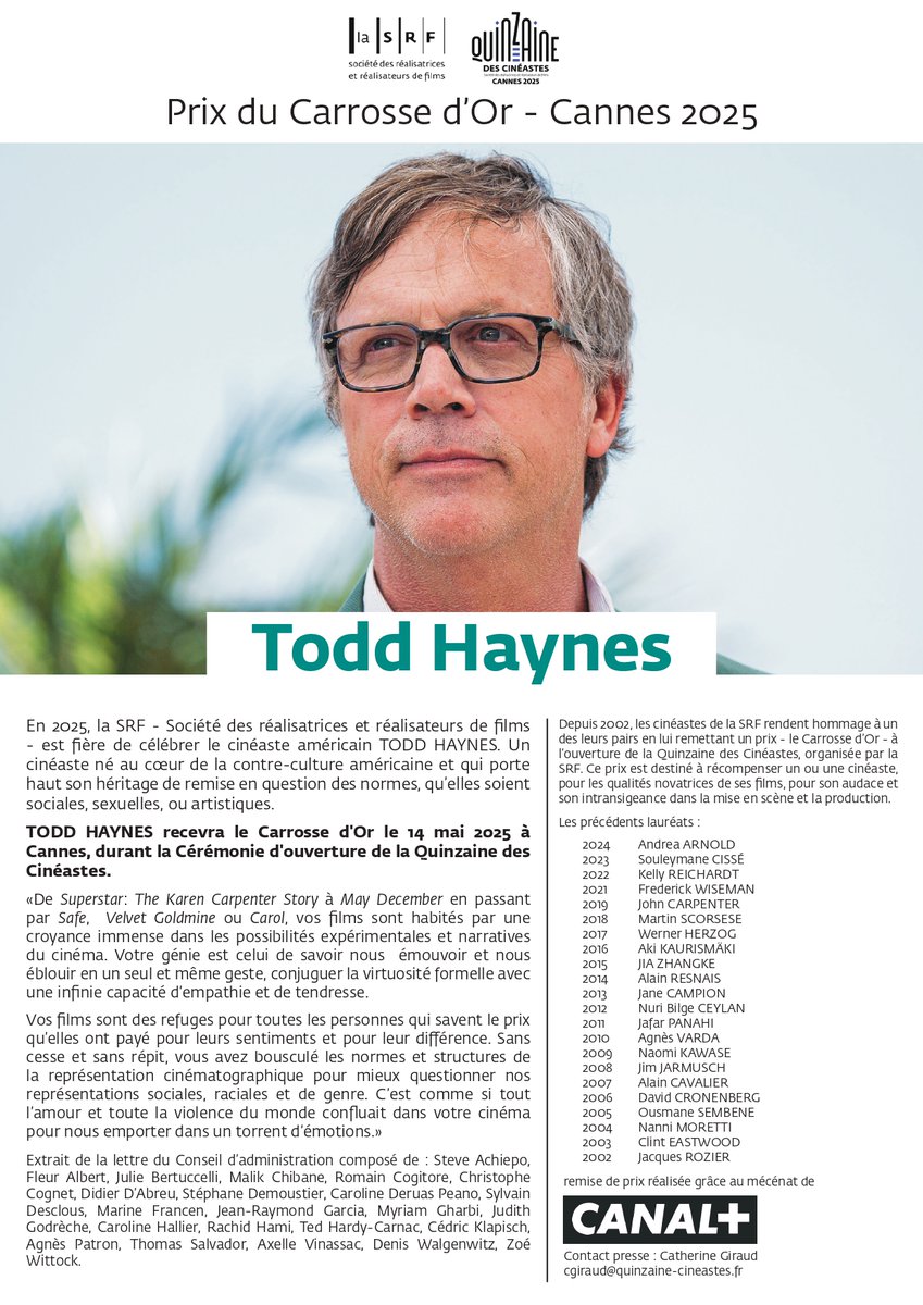 👑Todd Haynes, Carrosse d’Or 2025

En 2025, les cinéastes de la SRF ont choisi de célébrer le réalisateur américain Todd Haynes. Il recevra le Carrosse d’Or le 14 mai 2025, lors de la cérémonie d’ouverture de la <a href="/Quinzaine/">Quinzaine des Cinéastes</a> 

Remise de prix réalisée grâce au mécénat de <a href="/canalplus/">CANAL+</a>