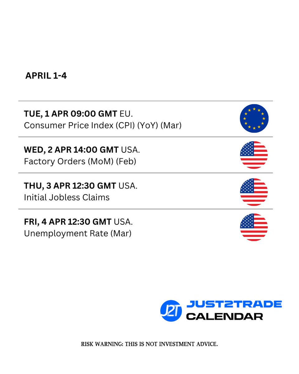Just2Trade's tweet image. 🗓️Weekly economic calendar April 1-4

Get ready for this week’s major news events that could influence your trades. 

Click the link in our bio for the full economic calendar🔗

⚠️ This is not investment advice.
LIME TRADING (CY) LTD / CySEC License 281/15

#CPI #FactoryOrders…
