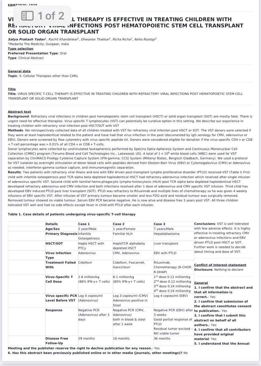 VIRUS SPECIFIC T-CELL THERAPY IS EFFECTIVE IN TREATING CHILDREN WITH
REFRACTORY VIRAL INFECTIONS POST HEMATOPOIETIC STEM CELL TRANSPLANT
OR SOLID ORGAN TRANSPLANT

Our work from <a href="/medanta/">Medanta</a>  presented 

<a href="/DrNehaRastogi1/">Dr Neha Rastogi</a>  
<a href="/dhwaneethakkar/">dr dhwanee thakkar</a> 
<a href="/dr_khandelwal99/">Dr.Rachit Khandelwal, MD</a> 

#EBMT25