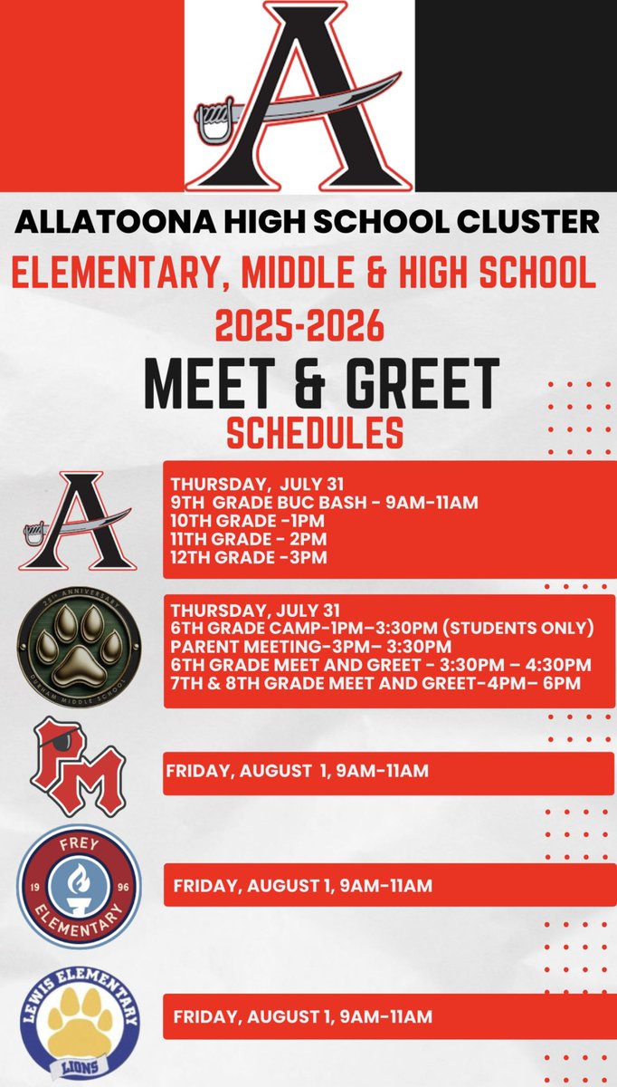 Frey Elementary (@freyelementary) on Twitter photo ๐ข Attention AHS Cluster Families!
SAVE THE DATE for your schoolโs Meet and Greet for the 25-26 school year! ๐
This is a great opportunity to connect, ask questions, and get ready for an amazing school year! ๐๐ #MeetAndGreet #BackToSchool <a href="/lbailey801/">Laura Fiedler</a> ๐ข Attention AHS Cluster Families!
SAVE THE DATE for your schoolโs Meet and Greet for the 25-26 school year! ๐
This is a great opportunity to connect, ask questions, and get ready for an amazing school year! ๐๐ #MeetAndGreet #BackToSchool <a href="/lbailey801/">Laura Fiedler</a>