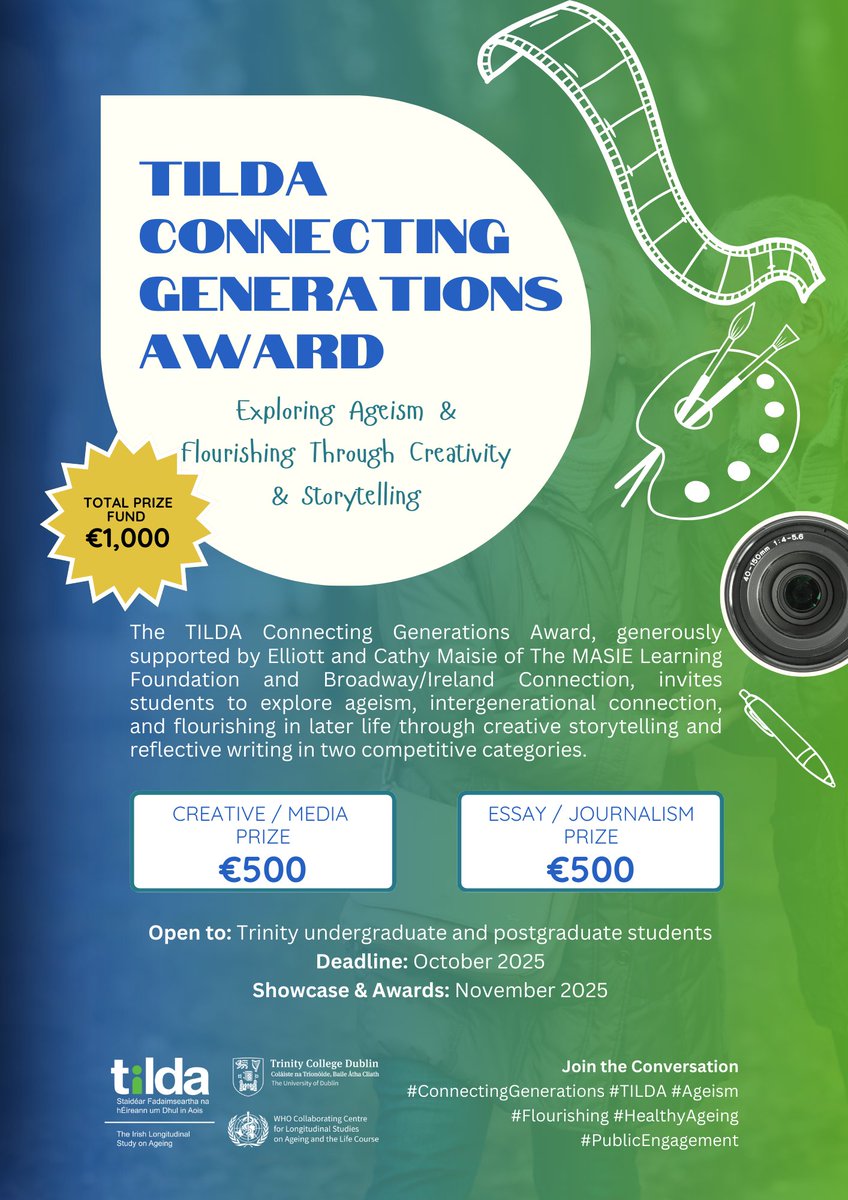 tilda_tcd's tweet photo. Calling all @tcddublin students: The TILDA Connecting Generations Award is now open. Submit creative or reflective work exploring ageism, intergenerational connection, & ageing in Ireland. @tcdsu @Trinity_News
More info: https://t.co/6L1E0l05n6
#ConnectingGenerations #Ageism https://t.co/s0lqPOZqSK