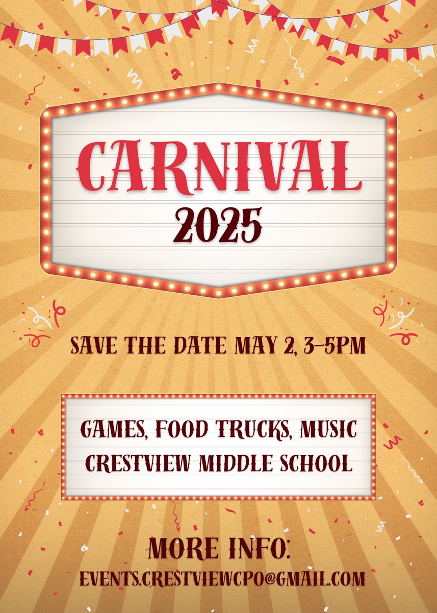 friendsofcms's tweet photo. CMS Community: Save the date and help volunteer (more information to come): Crestview Carnival May 2, 3-5 p.m. CMS students have a blast with rides and games, music and food trucks (cash). Watch for more information soon! 🎉 https://t.co/Op4UNDP1iD
