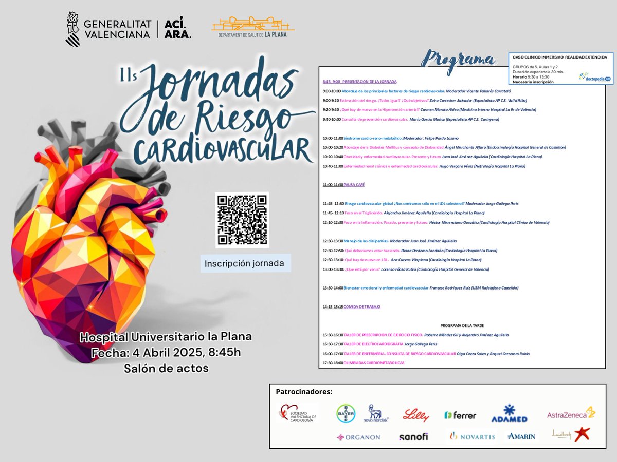 <a href="/GVAlaplana/">GVA la Plana</a>  te invita a la II Jornada de Riesgo Cardiovascular, un evento imprescindible para actualizar conocimientos y compartir experiencias en el manejo integral del paciente con riesgo cardiovascular
🗓️Viernes 4 abril 2025 
🕕8.45 a 18.00h 
<a href="/GVAsanitat/">GVA Sanitat</a>