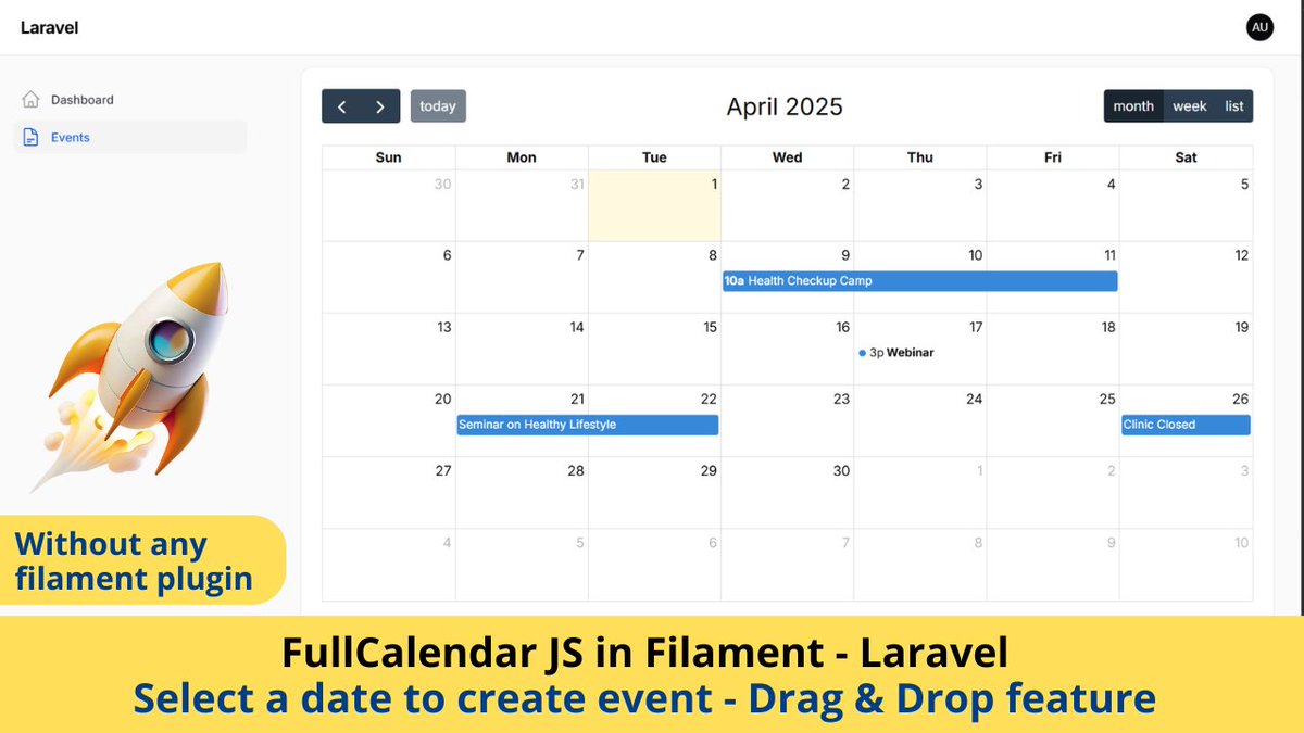 HarmanMBA's tweet photo. Add FullCalendar directly in @filamentphp panel without using any plugin.

- Select Dates to create event
- Drag &amp; Drop Events to change date
- Resize events to change dates

A Step by step guide.
https://t.co/wwFSzYNEnV

#filament #filamentphp #laravel #TALL #livewire https://t.co/0O7xibJeaw