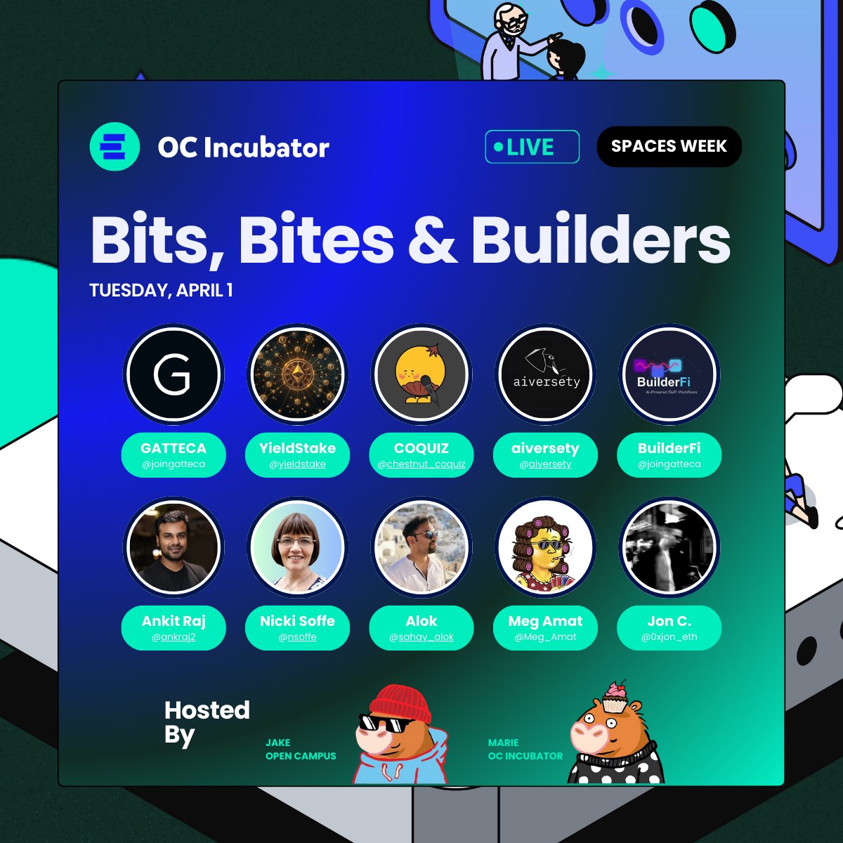 Open Campus (@opencampus_xyz) on Twitter photo 🥚 OC-I Spaces Week: Bits, Bites & Builders | Tuesday
We’re kicking off with first-time founders, mentor insights, and real talk from the trenches of building on-chain.
📅 April 1st (Today!)
🕗 8PM (GMT+8)
🎙️ Hosted by <a href="/jake_jhughes/">Jake Hughes🍊</a> & <a href="/MNordbjaerg/">Marie Nordbjærg</a>
Featuring dApps: 🥚 OC-I Spaces Week: Bits, Bites & Builders | Tuesday
We’re kicking off with first-time founders, mentor insights, and real talk from the trenches of building on-chain.
📅 April 1st (Today!)
🕗 8PM (GMT+8)
🎙️ Hosted by <a href="/jake_jhughes/">Jake Hughes🍊</a> & <a href="/MNordbjaerg/">Marie Nordbjærg</a>
Featuring dApps: