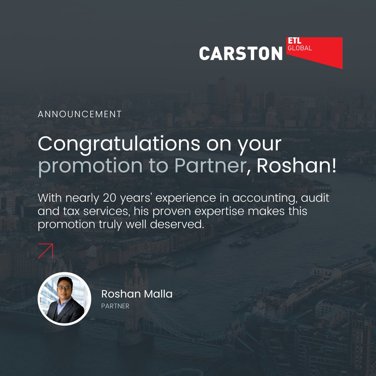 We’re excited to announce that Roshan Malla has been promoted to Partner at our London office!

With nearly 20 years' experience, Roshan has been a key asset since joining as Senior Manager in 2022.

Congratulations on this well-deserved achievement!