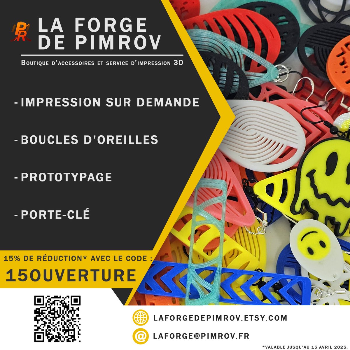 Ma boutique vous proposant des accesoires et des services d'impression 3d est ouverte !!!
Profitez de 15% de réduction jusqu'au 15 Avril sur n'importe quelle commande grâce au code 15OUVERTURE ! 
Merci à vous !
pimrov.fr/etsy