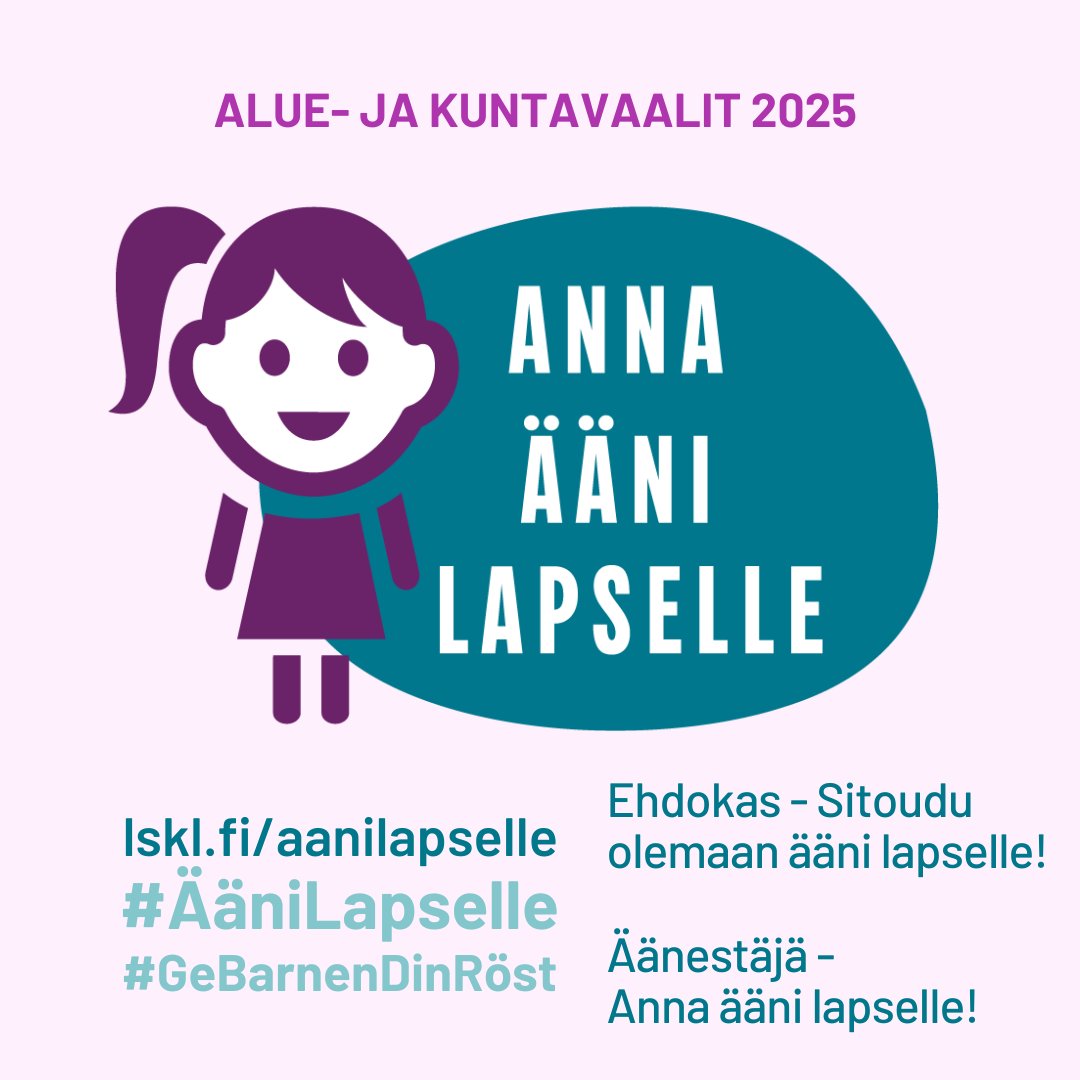 📢 Äänestä lapsen oikeuksien edistämiseen sitoutunutta ehdokasta!  

Anna ääni lapselle ⬇️

✅kuntavaaliehdokkaat lskl.fi/aanilapselle/a…

✅ aluevaaliehdokkaat
lskl.fi/aanilapselle/a…

 ✔️ Anna ääni lapselle -kampanjasta lskl.fi/aanilapselle/

#ÄäniLapselle #vaalit2025