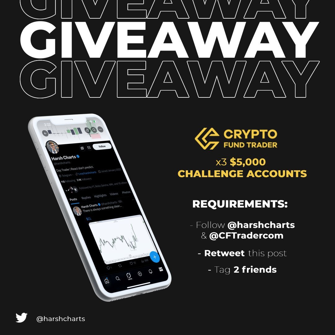Harsh Charts (@harshcharts) on Twitter photo 🚨 GIVEAWAY ALERT! 🚨
We're giving away 3 x $5,000 Challenge Accounts CFT.
Want to win? Follow these steps:
✅ Follow <a href="/harshcharts/">Harsh Charts</a> & <a href="/CFTradercom/">Crypto Fund Trader</a>
🔁 Retweet this post
👥 Tag 2 friends
Winners will be announced soon—don’t miss out! 🚀 🚨 GIVEAWAY ALERT! 🚨
We're giving away 3 x $5,000 Challenge Accounts CFT.
Want to win? Follow these steps:
✅ Follow <a href="/harshcharts/">Harsh Charts</a> & <a href="/CFTradercom/">Crypto Fund Trader</a>
🔁 Retweet this post
👥 Tag 2 friends
Winners will be announced soon—don’t miss out! 🚀