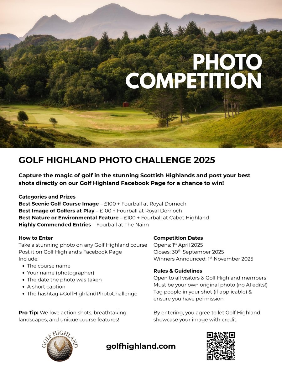 golfhighland's tweet photo. The Golf Highland Photo Challenge is LIVE!
Capture the beauty of golf in the Scottish Highlands and be in with a chance to win fantastic prizes.
Post your photo on our Facebook page, tag us and use #GolfHighlandPhotoChallenge to enter!
Let’s see your best snaps! https://t.co/9EiGZmLLgH