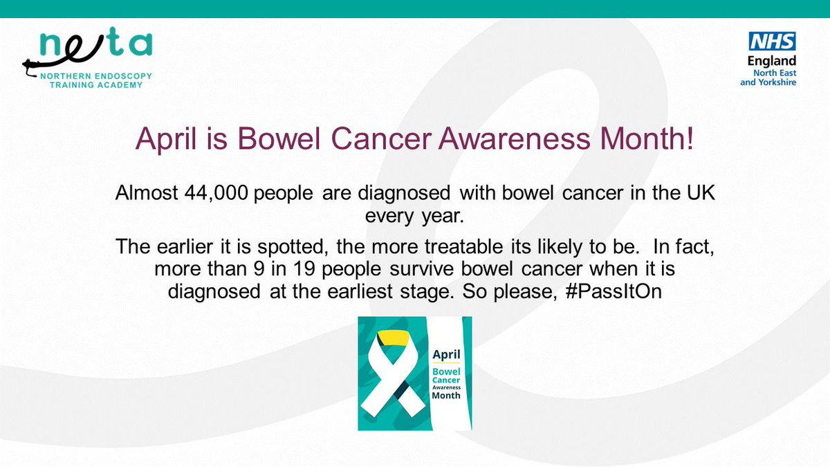 Today marks the start of #BowelCancerAwareness Month. 

If you would like to find out more information about Bowel Cancer, please visit <a href="/bowelcanceruk/">Bowel Cancer UK</a>

#NETA #PassItOn #Endoscopy #EarlierDiagnosis #BowelCancerAwareness