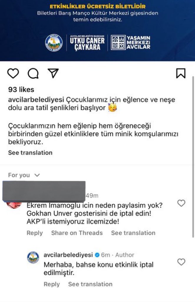 Avcılar Belediyesi, Gökhan Ünver’in etkinliğini iptal etti.