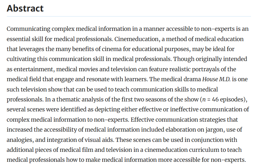 Dr Rachael Door (@rachaelellen_) on Twitter photo Unlock the power of cinemeducation to enhance communication skills in medical professionals!
<a href="/Drewboo830/">Andrew S. Cale, PhD</a> & team explore how medical dramas like House M.D. can be used to teach effective strategies for making complex medical information accessible to non-experts Unlock the power of cinemeducation to enhance communication skills in medical professionals!
<a href="/Drewboo830/">Andrew S. Cale, PhD</a> & team explore how medical dramas like House M.D. can be used to teach effective strategies for making complex medical information accessible to non-experts