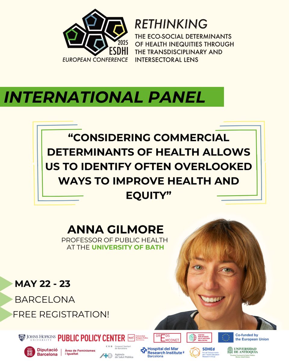 Public Policy Center (@pubpolcenter) on Twitter photo Anna Gilmore will be part of the International Panel at #ESDHI2025! Register for free:🔗 bit.ly/4fyedyS
About her: 👇
- Professor of Public Health
- Director of the Tobacco Control Research Group🚬
- Co-Director of the Centre for 21st Century Public Health at <a href="/UniofBath/">University of Bath</a> Anna Gilmore will be part of the International Panel at #ESDHI2025! Register for free:🔗 bit.ly/4fyedyS
About her: 👇
- Professor of Public Health
- Director of the Tobacco Control Research Group🚬
- Co-Director of the Centre for 21st Century Public Health at <a href="/UniofBath/">University of Bath</a>