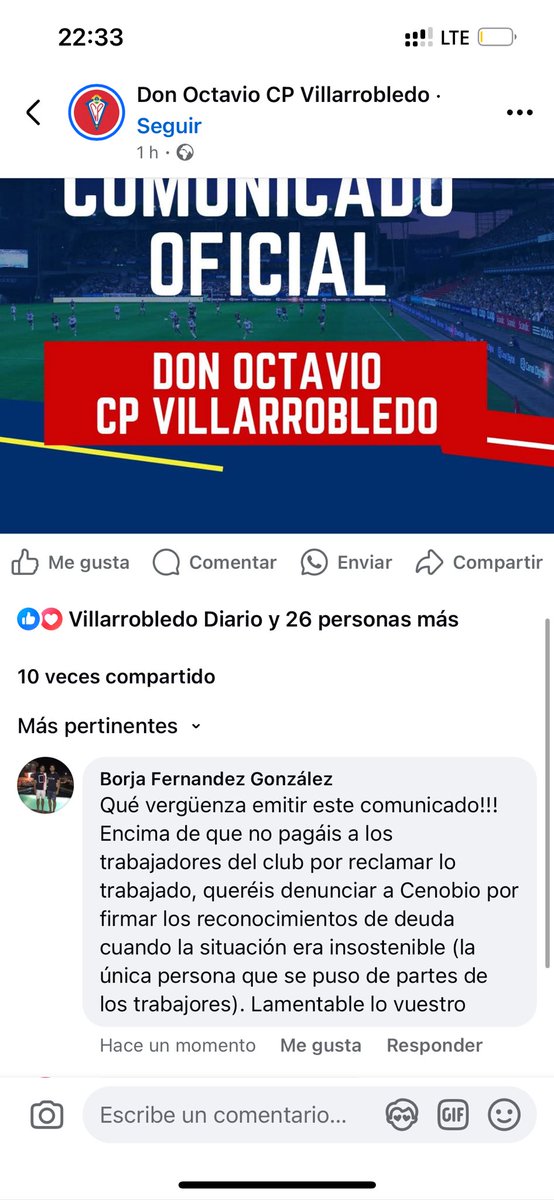<a href="/CPVillarrobledo/">Don Octavio CP Villarrobledo 🐺❤️💙</a> Ayer publiqué en Facebook mi opinión al respecto, a la cual, hice captura de pantalla ya que sabía que la iban a borrar. Todo una mentira, adjunto captura de la publicación.