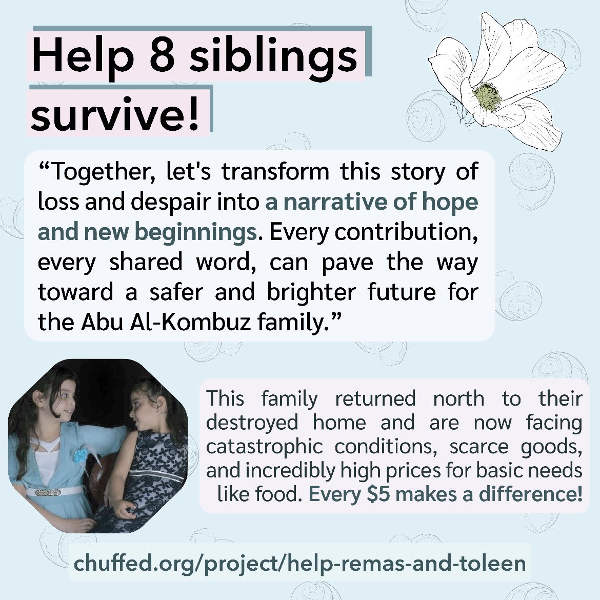 Barely any support in a week. Can you match my 25? Even partway with a 5 helps a lot. 

I’ve known this family for over half a year and my best friend is the bank host. Please trust them and invest in these siblings’ survival.

chuffed.org/project/help-r…