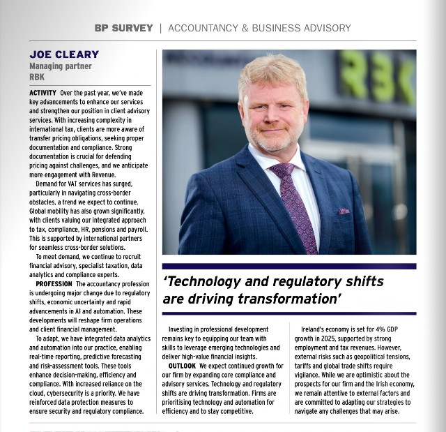 In the latest <a href="/BusinessPlusMag/">Business Plus</a>, Joe Cleary, Managing Partner with <a href="/RBKCA/">RBK Chartered Accountants</a> shares his outlook on the evolving accountancy landscape.

For further insights from the Accountancy Sector and survey results, visit: online.fliphtml5.com/raugw/hmab/#p=1

#Tax #Finance #Innovation #Accountancy #RBK