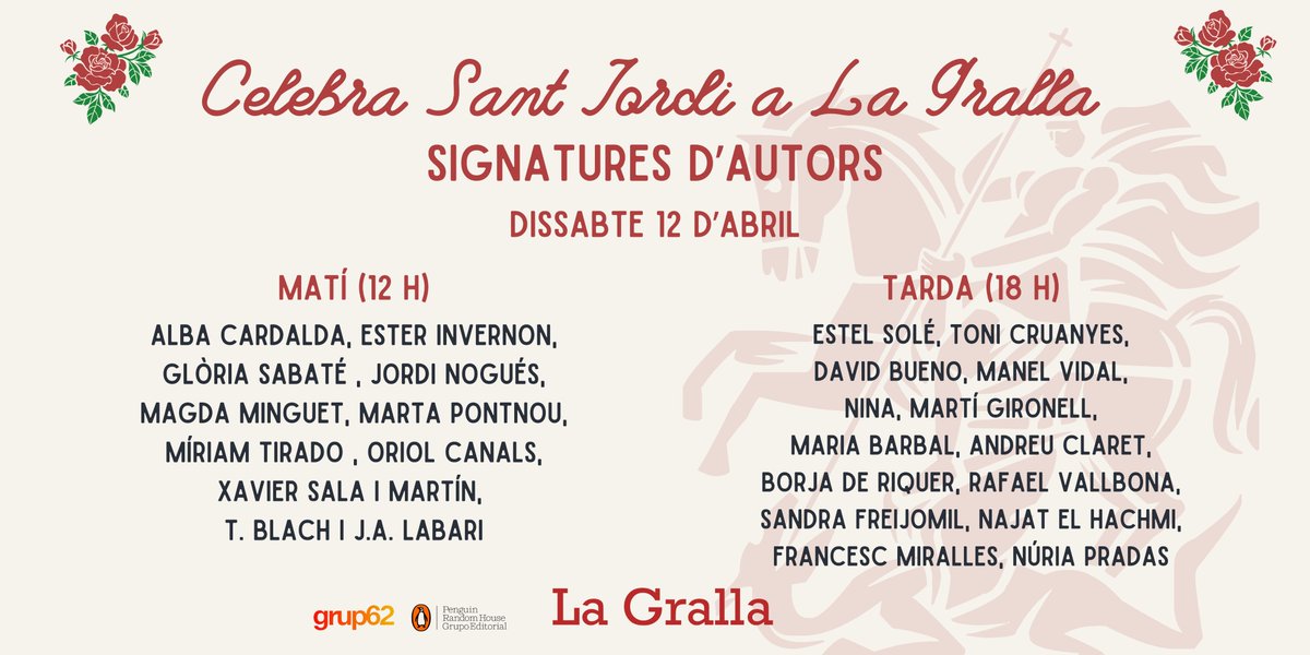 lgralla's tweet photo. 🔴Dissabte 12 farem les signatures de Sant Jordi. 
Escriptors i escriptores d'arreu de Catalunya, donaran el tret de sortida a la festa que més estimem!

@penguinllibres @Grup62 https://t.co/E5gipgh6Sf