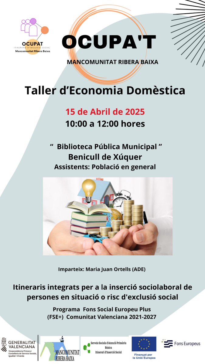 BenicullXu's tweet photo. 📢TALLER D'ECONOMIA DOMÈSTICA💵

📍Biblioteca
🗓️15 d'abril
⌛️10:00 a 12:00H https://t.co/WptG6RyPzb