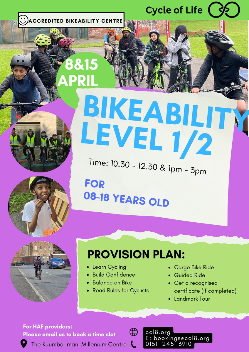 Cycle of Life are offering bikeability Level ½ workshops on the 8th &amp; 15th April for 8-18 year olds who have not have bikeability level ½ training before or have not completed it.
Groups or individuals can register by emailing bookings@col8.org or calling 0151 245 3910