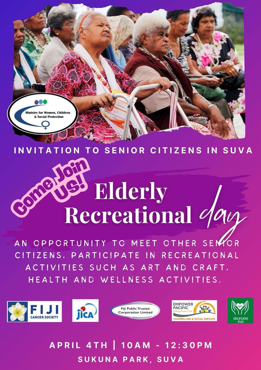 🌟 Celebrate Our Seniors! 🌟

Join us this Friday at Sukuna Park (10 AM - 12:30 PM) for a special Senior Citizens Event! Enjoy free health checkups (sight, hearing &amp; more), fun activities &amp; live performances by Youth Band &amp; Mata Dance Group. Let’s honor and uplift our elders! 💚