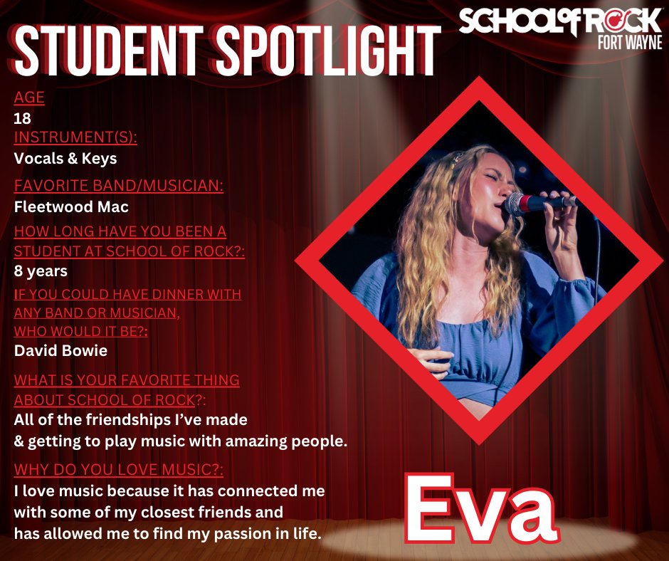 Meet Eva, one of our Performance Program students! This month we are recognizing Eva for all of her hard work and passion! ROCK ON Eva! 🎤🎹