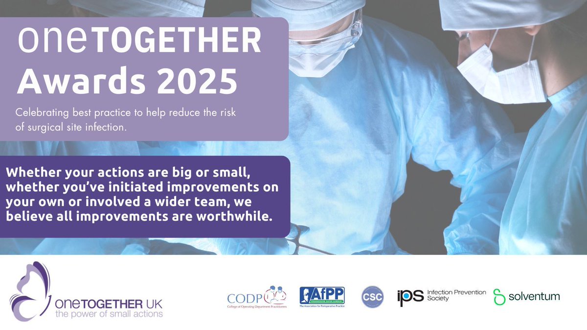 OneTogether UK (@onetogetheruk) on Twitter photo Whether your actions are big or small, if you’ve initiated improvements on your own or with a wider team, we believe all are important in reducing risk of SSI.
👉 buff.ly/IalTt54
#OneTogetherAwards <a href="/IPS_Infection/">IPS</a> <a href="/solventum/">Solventum</a> <a href="/SaferSurgeryUK/">AfPP - SaferSurgeryUK</a> <a href="/club_csc/">CSClub</a> <a href="/CollegeODP/">College Of Operating Department Practitioners</a> #SSI Whether your actions are big or small, if you’ve initiated improvements on your own or with a wider team, we believe all are important in reducing risk of SSI.
👉 buff.ly/IalTt54
#OneTogetherAwards <a href="/IPS_Infection/">IPS</a> <a href="/solventum/">Solventum</a> <a href="/SaferSurgeryUK/">AfPP - SaferSurgeryUK</a> <a href="/club_csc/">CSClub</a> <a href="/CollegeODP/">College Of Operating Department Practitioners</a> #SSI